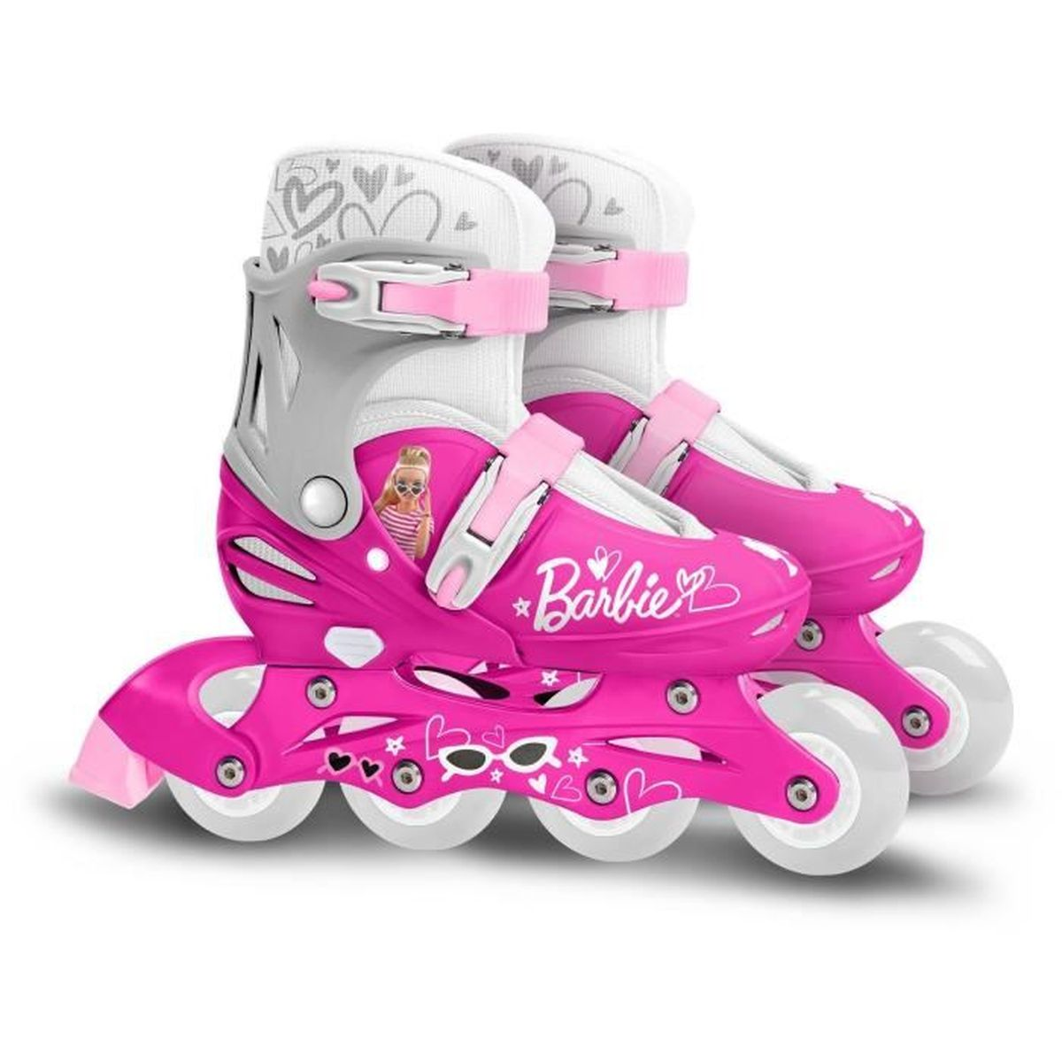Paire de patins à roulettes Barbie roses avec des accents blancs, des roues et le logo Barbie.