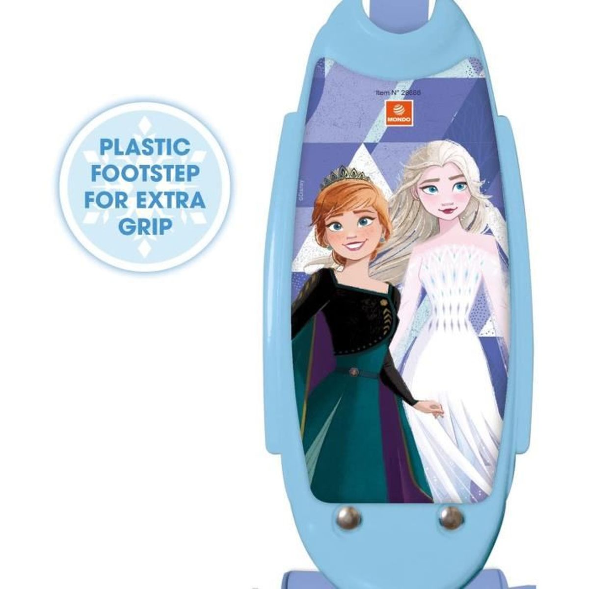 Un gradino per scooter blu con le immagini di Anna ed Elsa di Frozen su sfondo bianco.