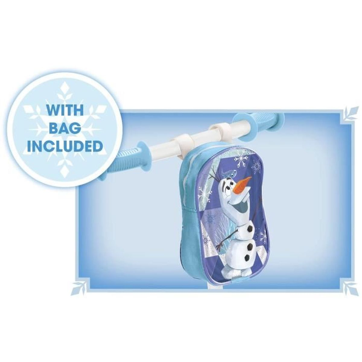 Un monopattino blu con uno zaino con Olaf di Frozen.