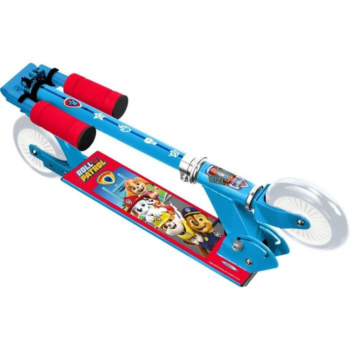 A blue Paw Patrol scooter with a red footboard featuring Paw Patrol characters is shown.