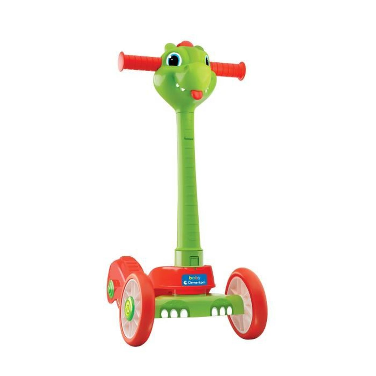 Un monopattino verde con testa di coccodrillo, manubrio rosso e ruote.