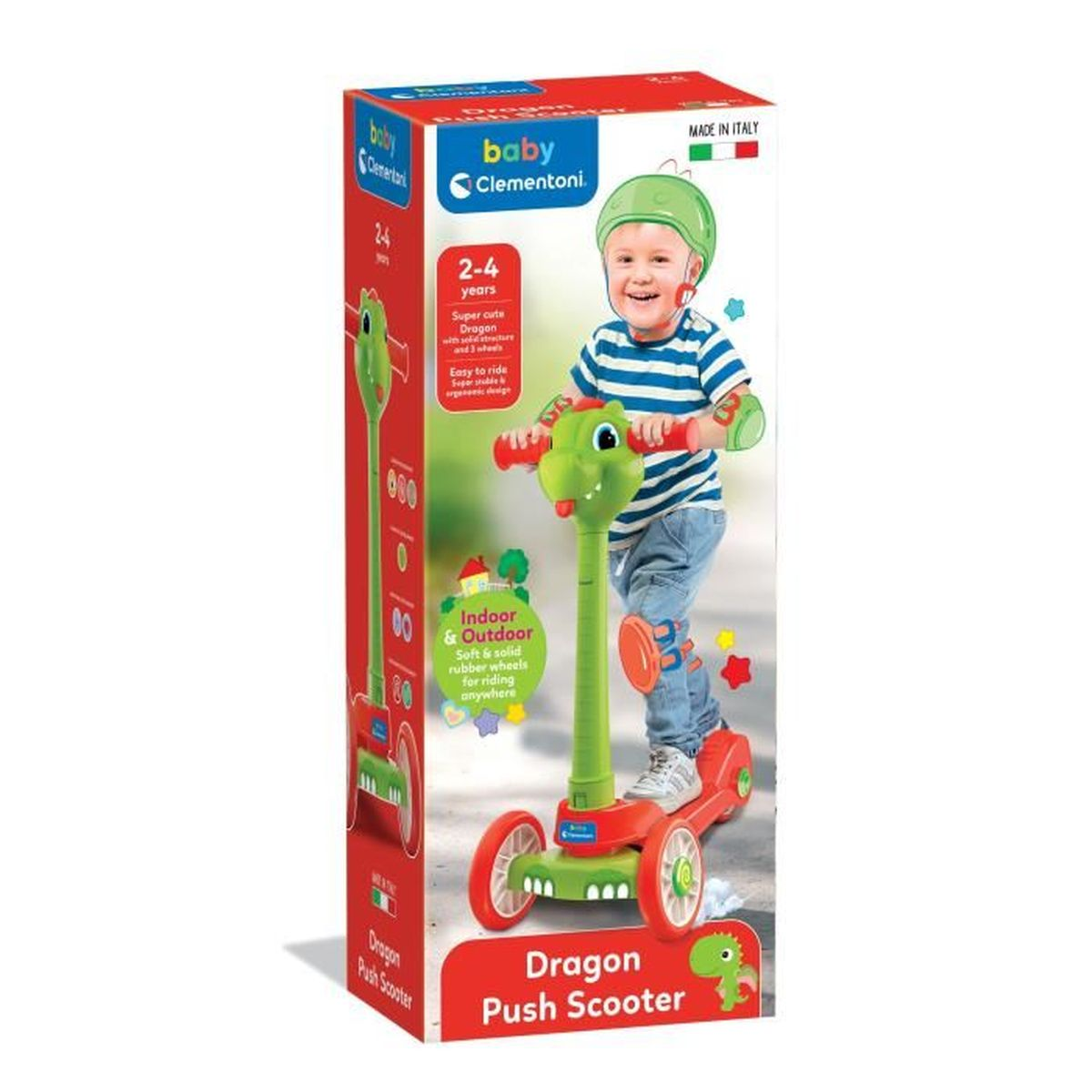 Un giocattolo monopattino per bambini è mostrato nella sua confezione, con un design a drago.