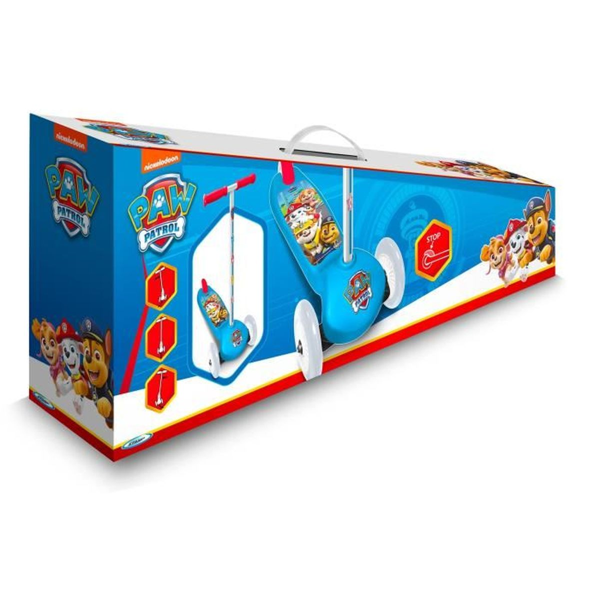 Scatola con scooter Paw Patrol all'interno. La scatola ha personaggi e logo Paw Patrol.