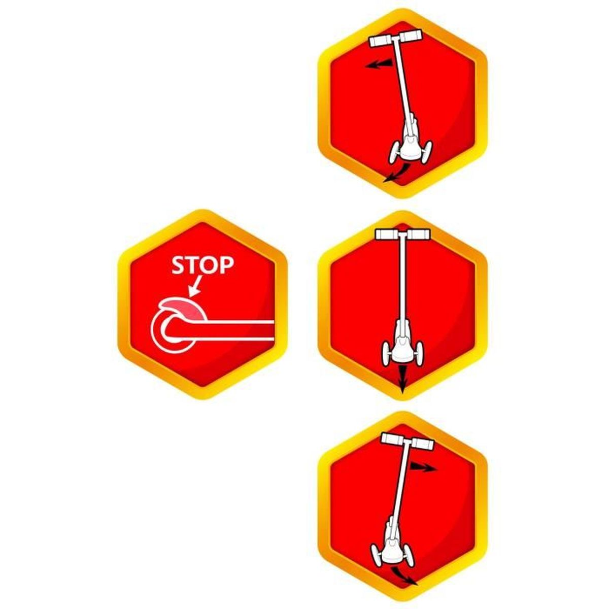Diagrammi didattici con segnale di stop, istruzioni per scooter e frecce.