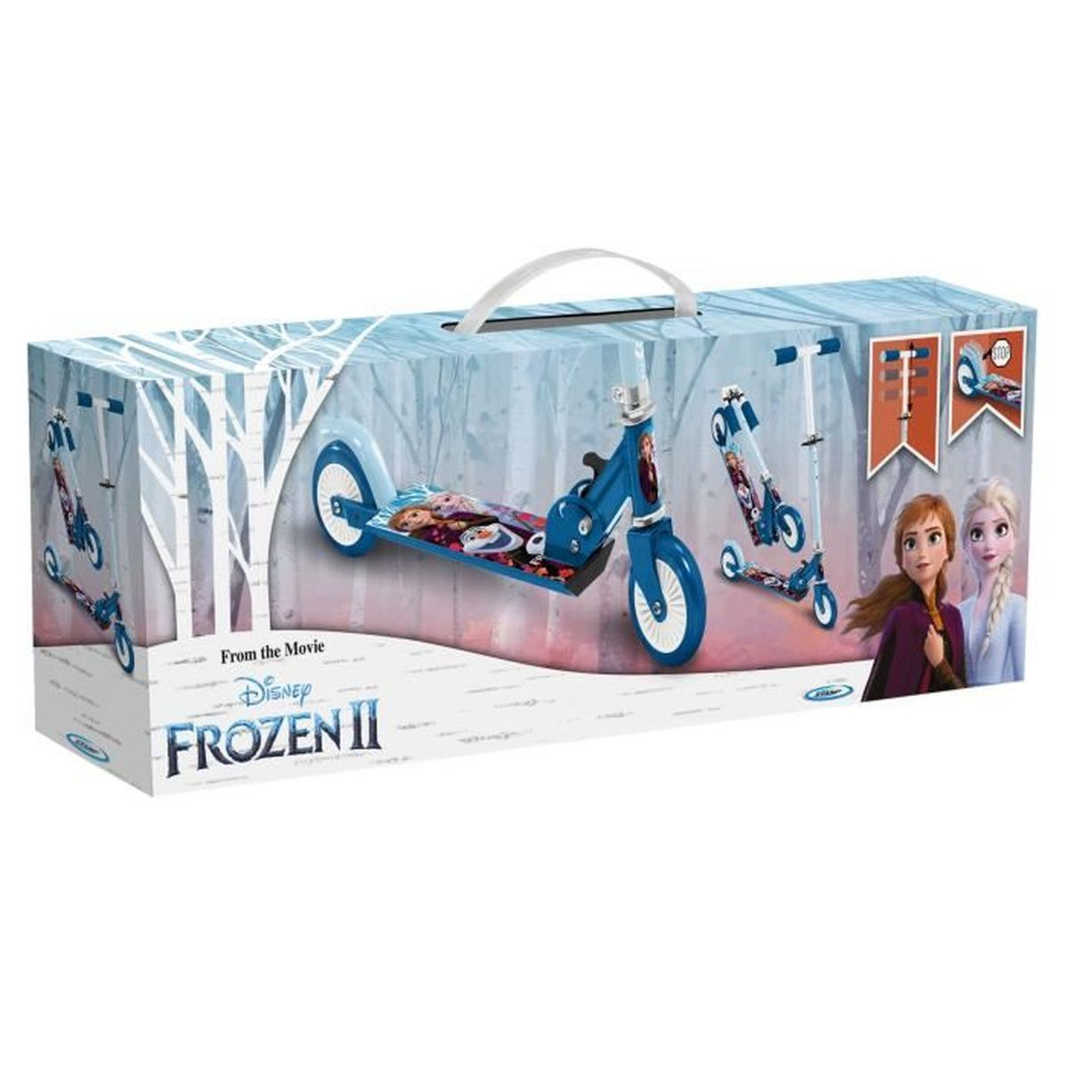 Karton mit blauem Roller, Frozen II-Figuren und einem Griff. Die Box zeigt den Roller und das Logo des Films.