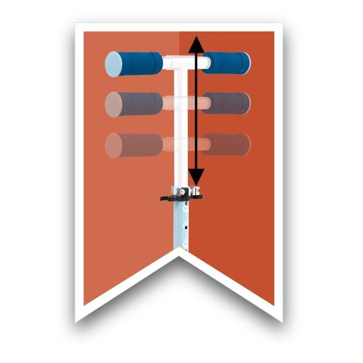 Eine Illustration zeigt den verstellbaren Lenker eines Rollers mit blauen und grauen Griffen. Der Hintergrund ist orangefarben mit weißem Rahmen.