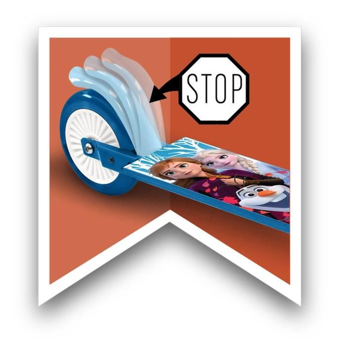 Blauer Roller mit weißen Rädern und Frozen-Design. Ein Stoppschild befindet sich über dem Roller.