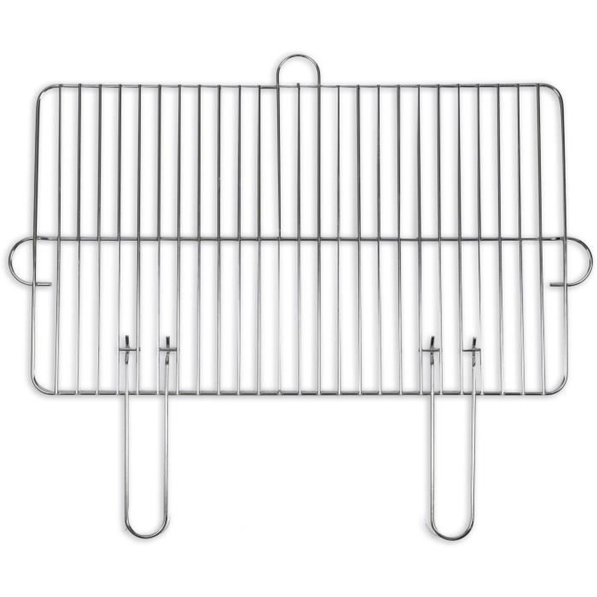 Ein Edelstahl-Grillrost mit Griffen, einsatzbereit.