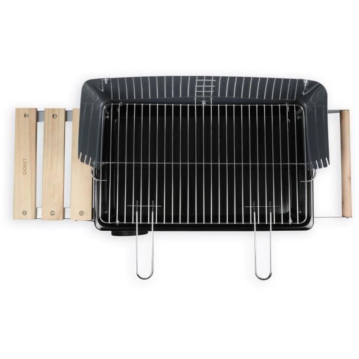Schwarzer tragbarer Grill mit Metallrost und Holzgriffen auf weißem Hintergrund.