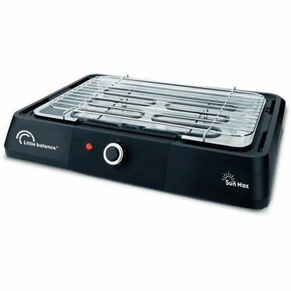 Schwarzer Elektrogrill mit silberner Grillplatte. Schwarzer Korpus mit Bedienknopf. Weißer Hintergrund.
