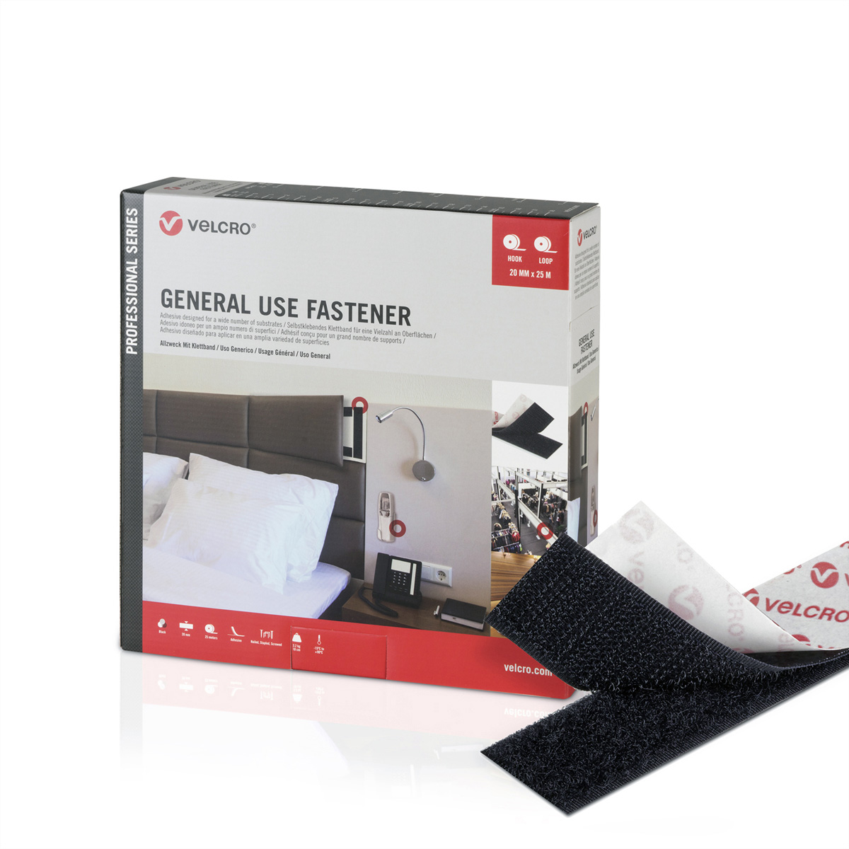 Una scatola di elementi di fissaggio Velcro per uso generale. Mostra un letto con oggetti fissati con gli elementi di fissaggio.