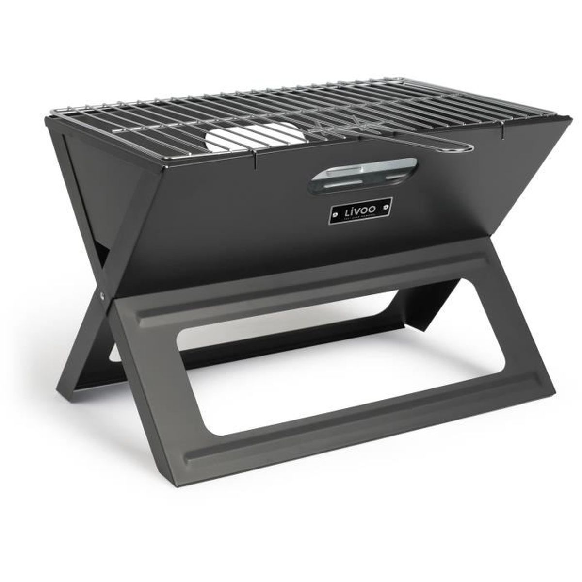 Schwarzer tragbarer Grill, offen mit Grillrost. Schwarzer Metallrahmen. Weißer Hintergrund.