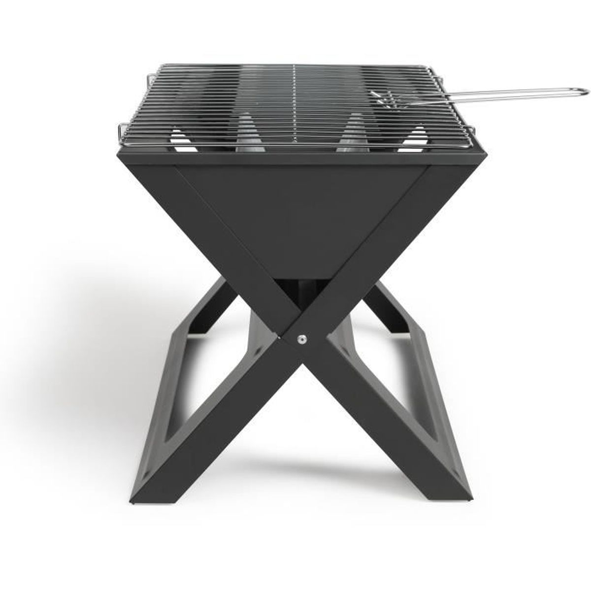 Schwarzer, zusammenklappbarer Holzkohlegrill mit Metallrost, auf weißem Grund.