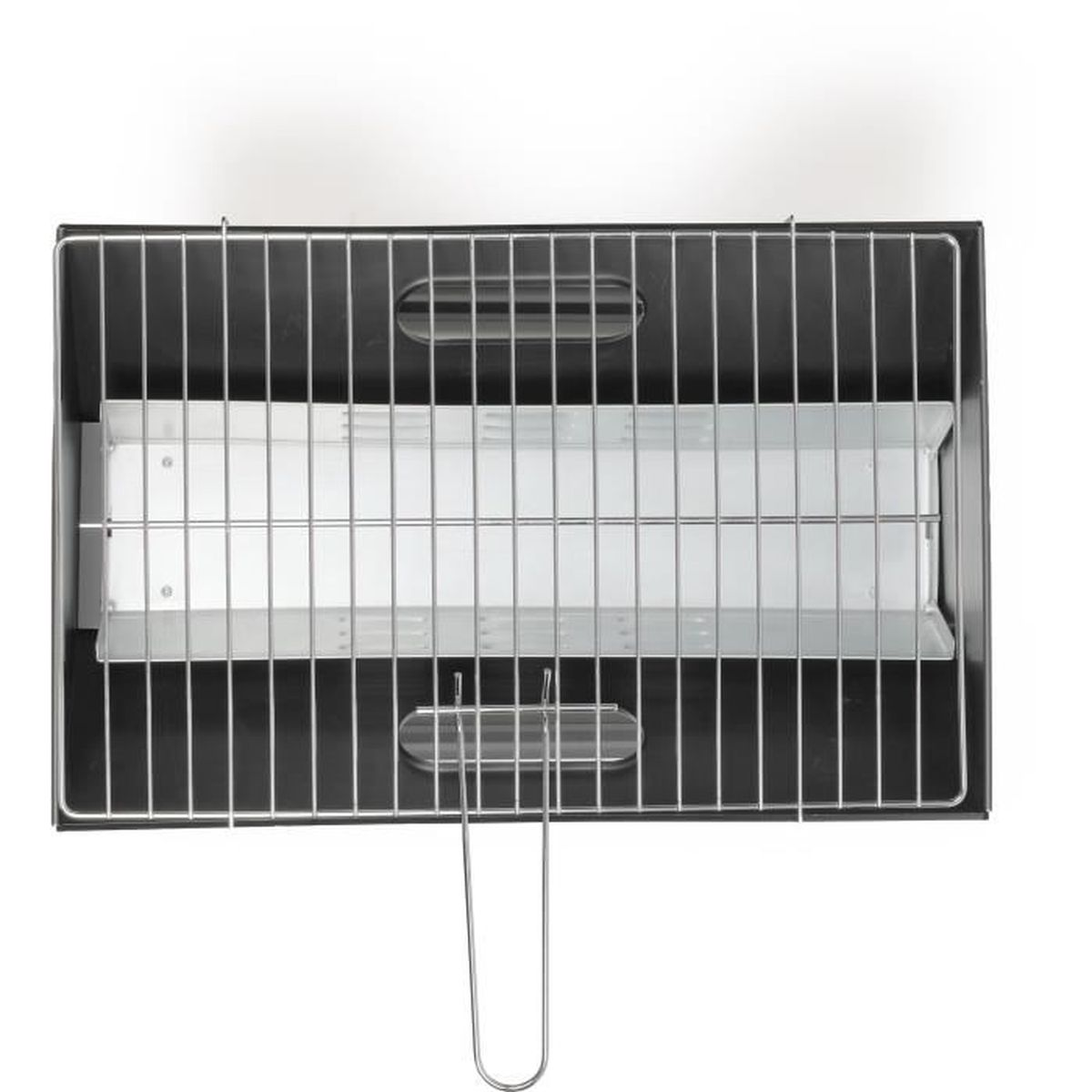 Ein schwarzer rechteckiger Grill mit einem silbernen Drahtrost.