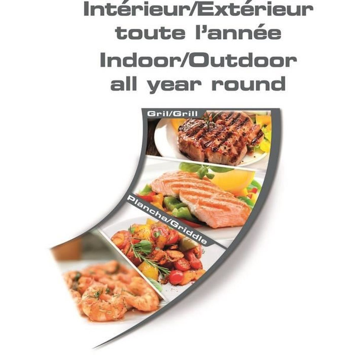 Bild mit Text über Grillen im Innen- und Außenbereich. Gegrilltes Steak, Lachs und Garnelen werden gezeigt.