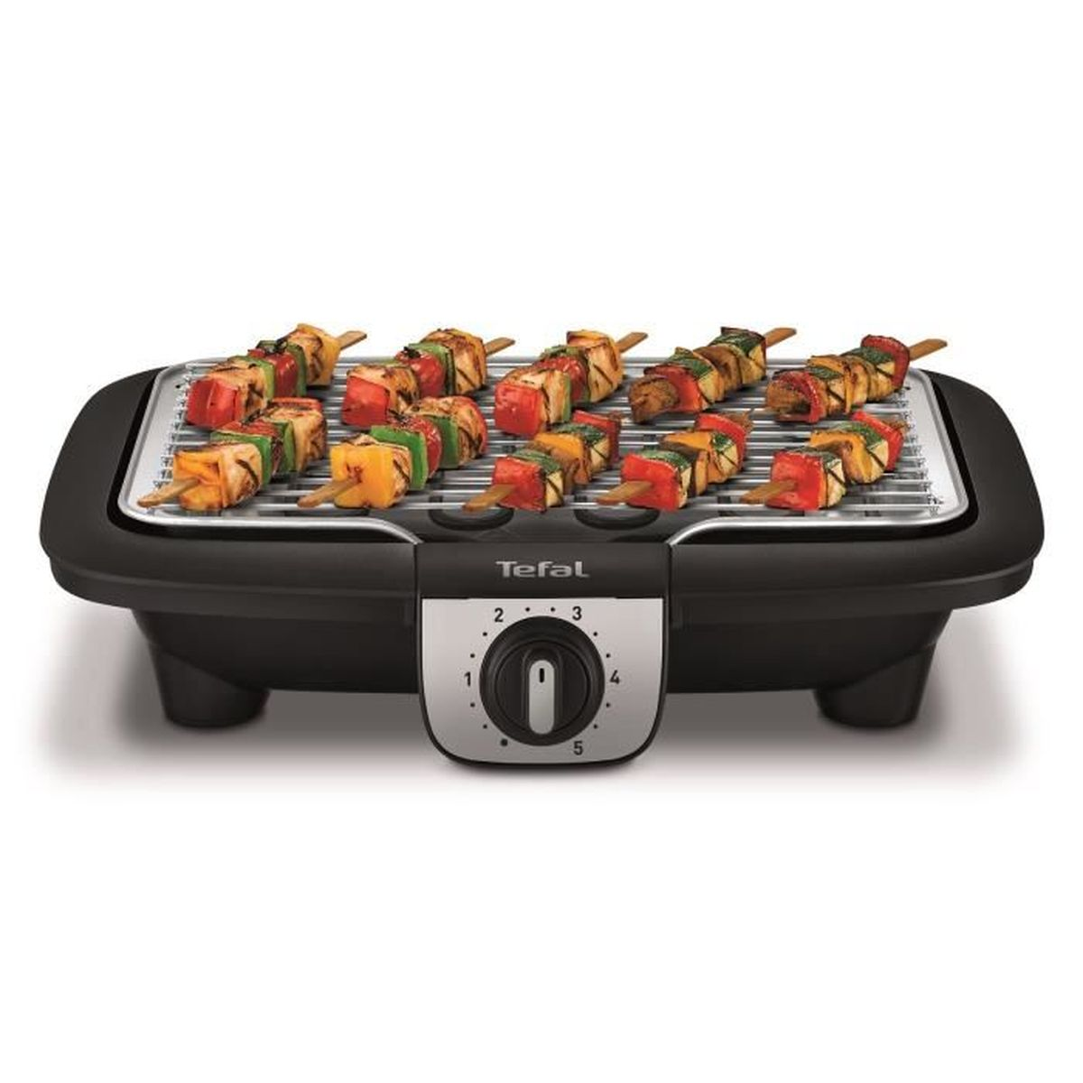 Ein Tefal-Grill mit Spießen mit gegrilltem Essen und einem Temperaturregler.