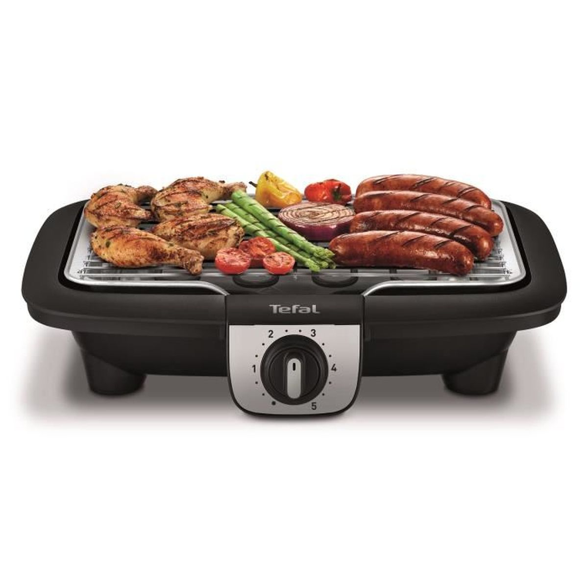 Ein elektrischer Grill mit verschiedenen gegrillten Speisen wird auf weißem Hintergrund gezeigt.
