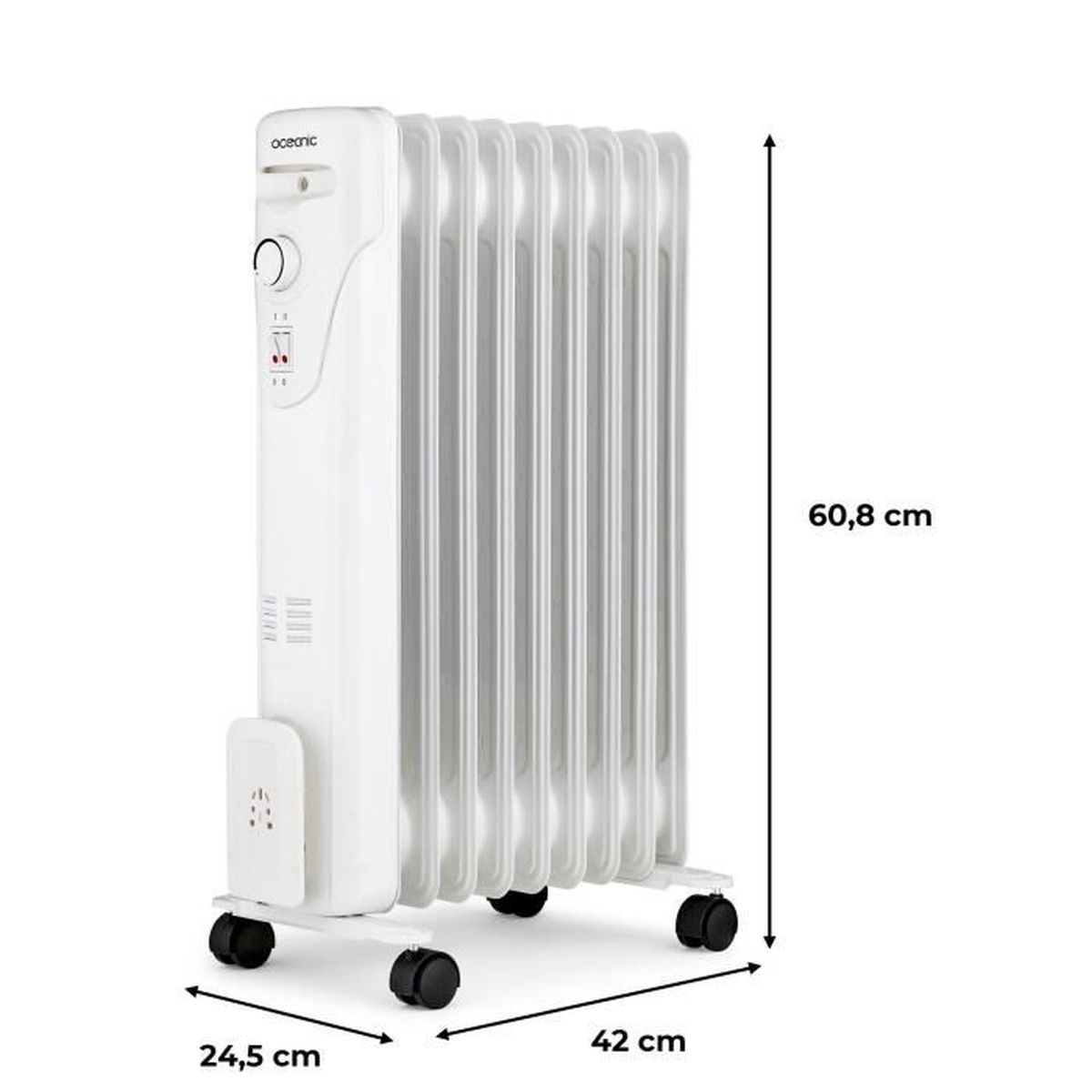 Weißer Ölradiator mit beschrifteten Abmessungen. Er hat eine Digitalanzeige.