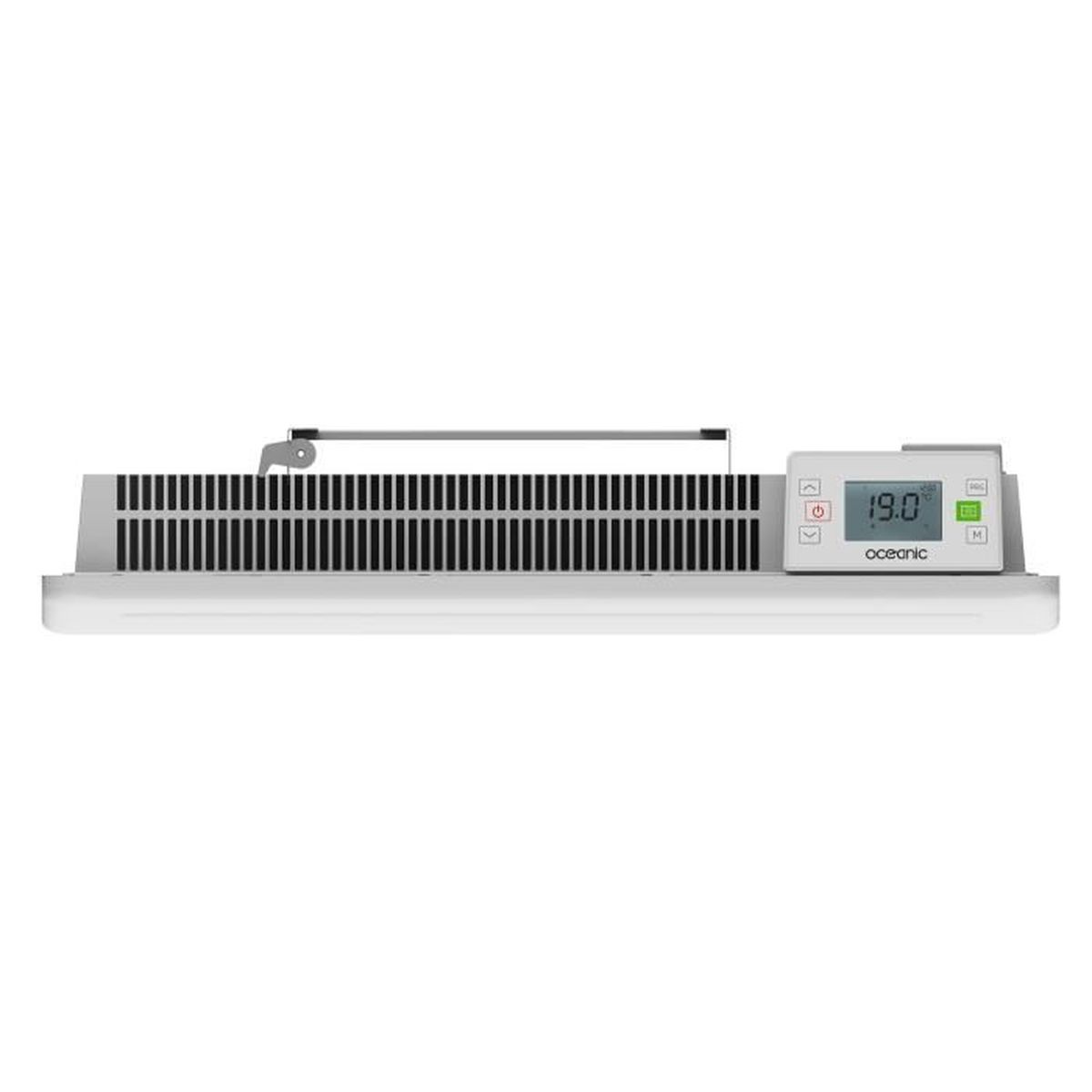 Ein weißer rechteckiger Heizkörper mit Digitalanzeige. Zeigt die Temperatur von 19,0 Grad an.