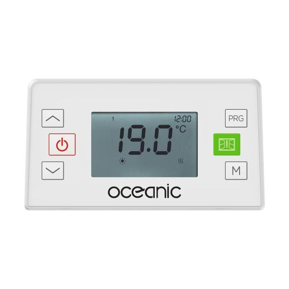 Ein weißes Oceanic-Thermostat, das Temperatur und Zeit anzeigt.