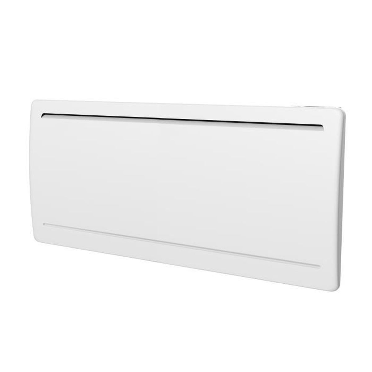 Ein weißer elektrischer Wandheizkörper, rechteckige Form, vor weißem Hintergrund.