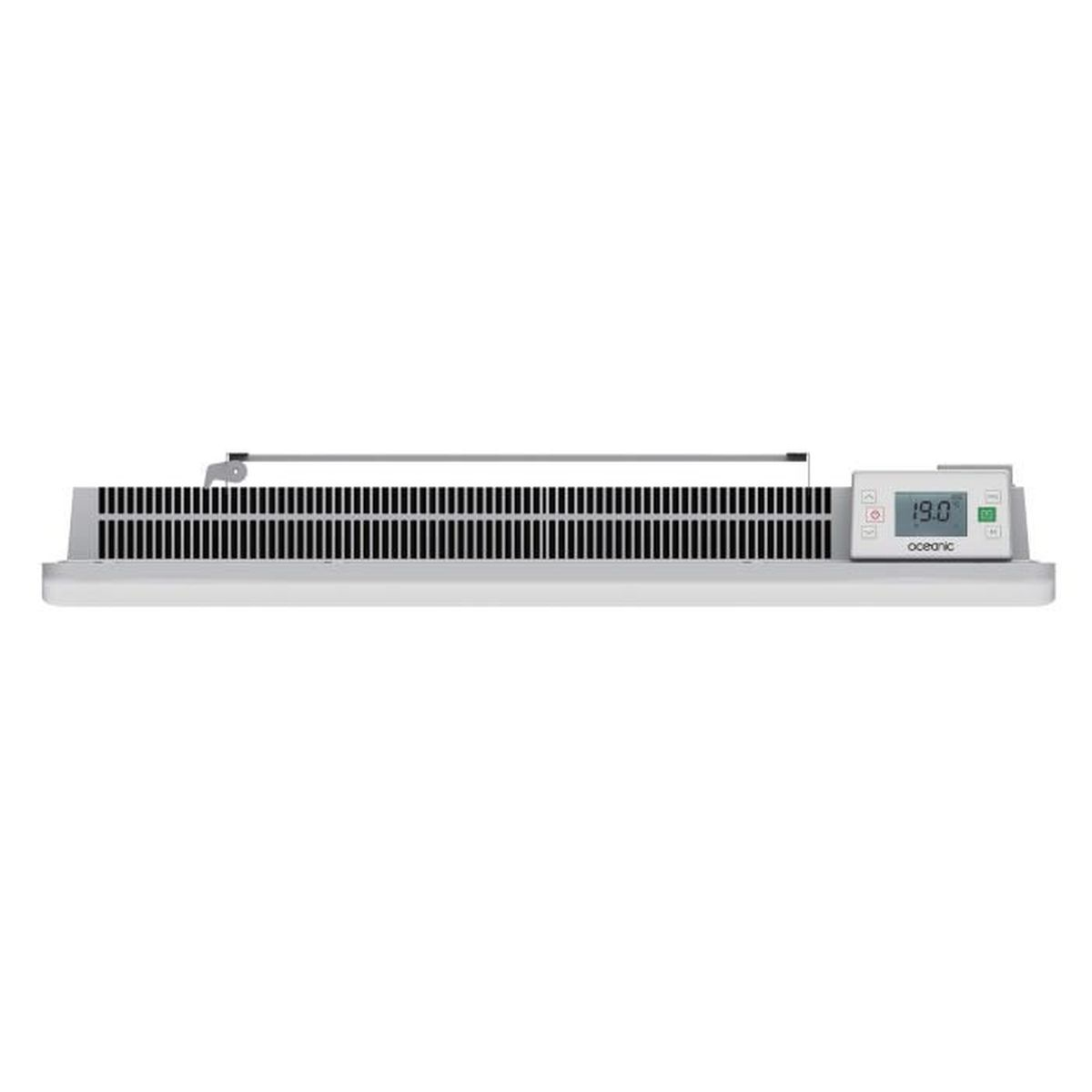 Weißer Wandheizer mit digitaler Anzeige 19.0 und schwarzer Front.