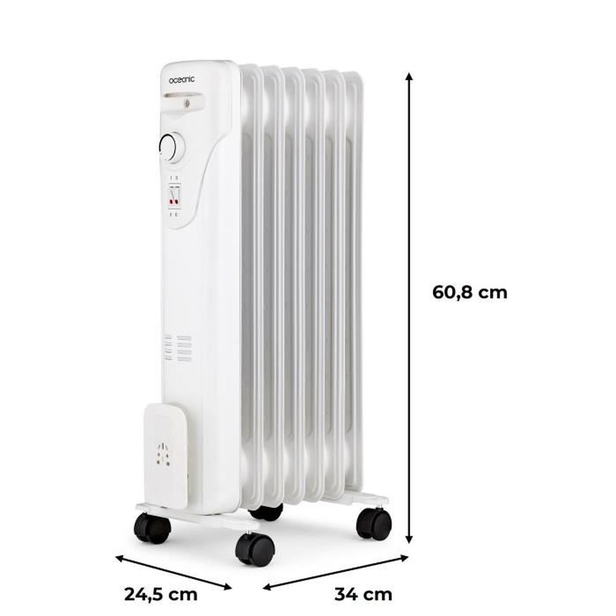Un termoventilatore elettrico bianco su ruote. Le dimensioni sono indicate: 24,5 cm, 34 cm e 60,8 cm.
