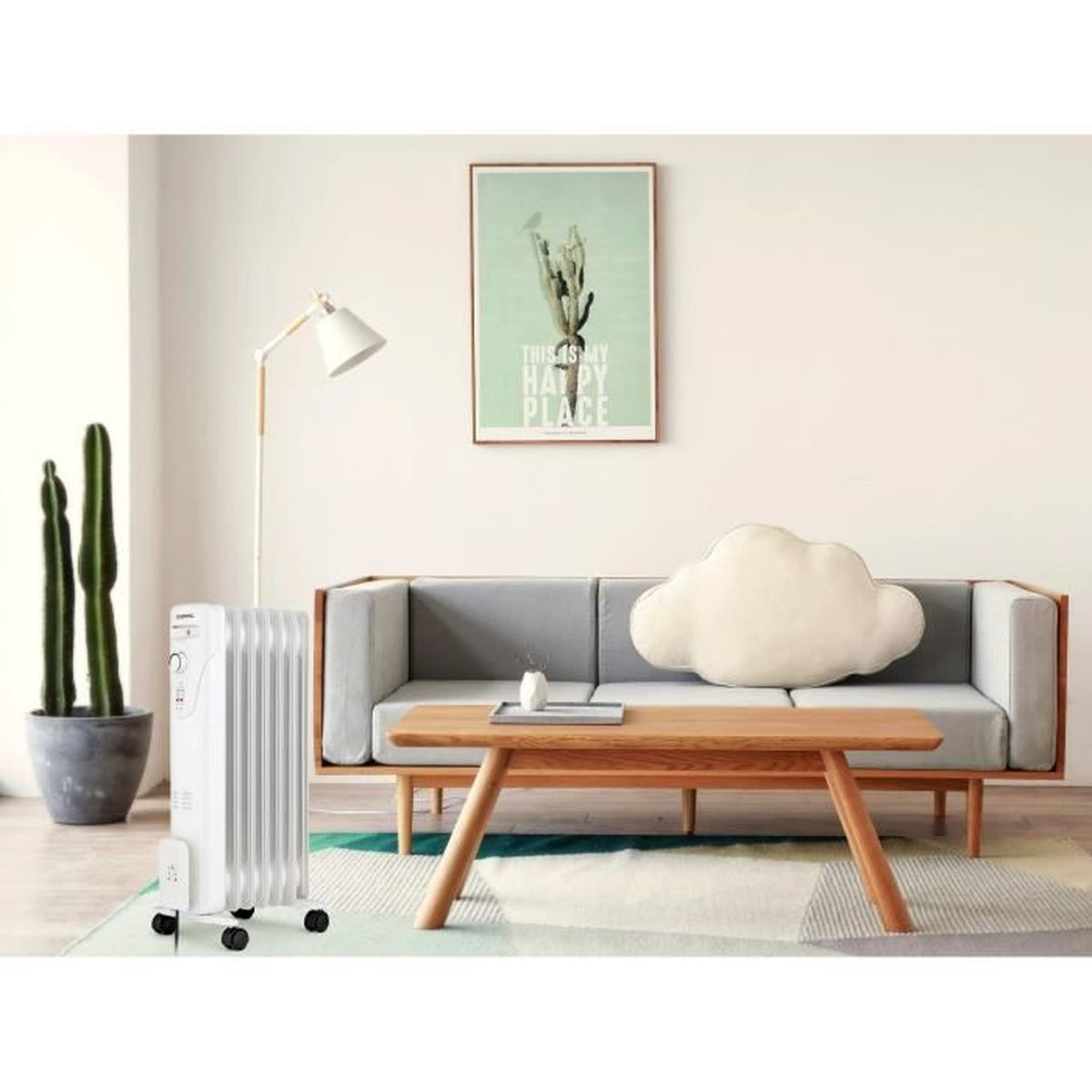 Soggiorno con divano grigio, tavolo in legno e termosifone bianco. Un cactus e arte.