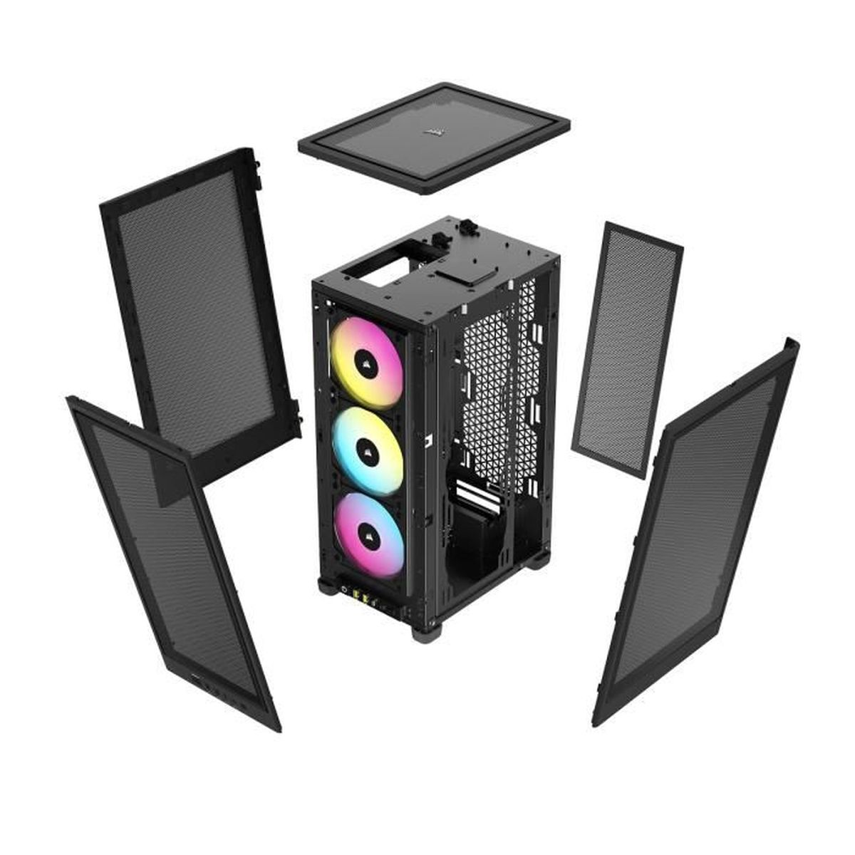 Case del computer, smontato. La custodia è nera e include ventole e pannelli laterali.