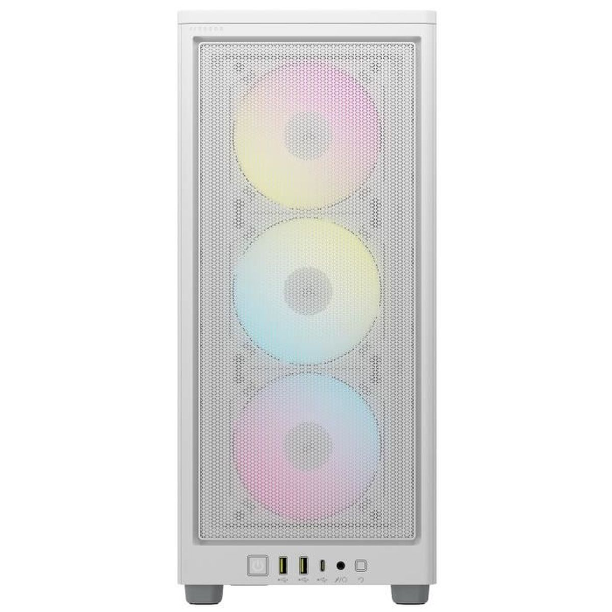 Un case per computer bianco con tre luci colorate per ventole. La parte anteriore ha un design a rete e pulsanti.