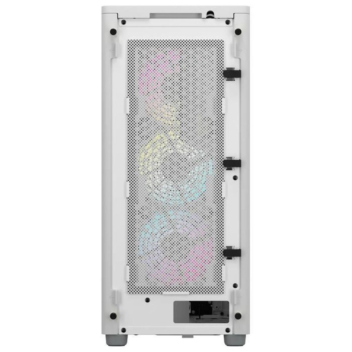 Retro di un case per computer bianco. Pannello perforato con luci.