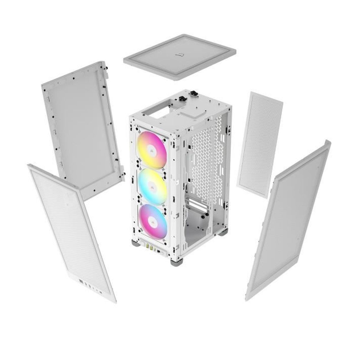 Componenti del case del computer smontati. Compresi pannelli laterali, ventole e telaio principale con ventole RGB.