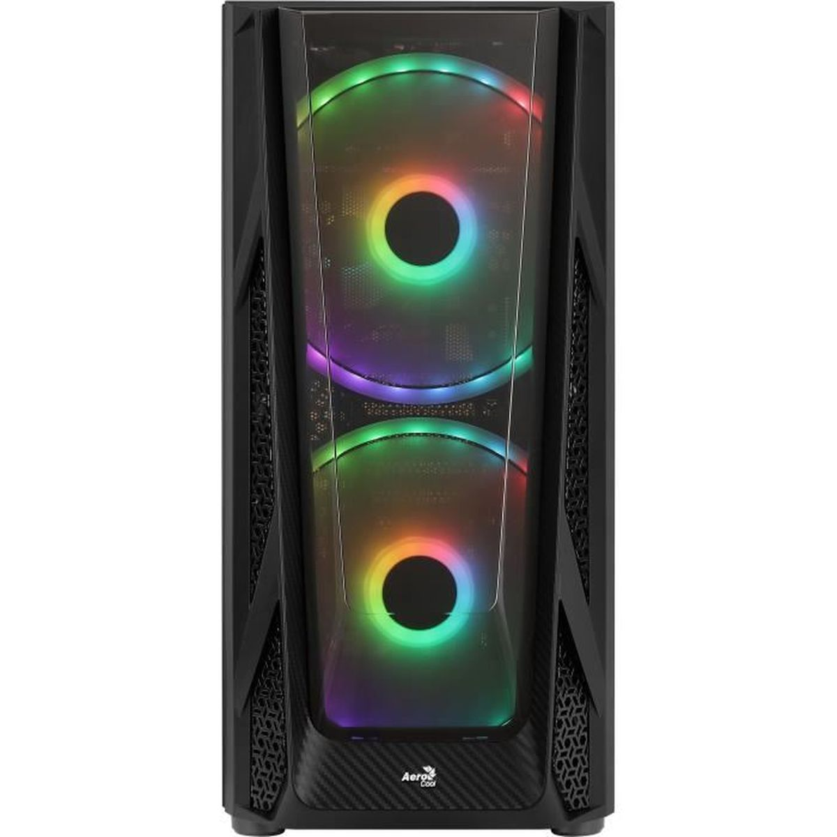 Case per computer nero con ventole illuminate colorate.
