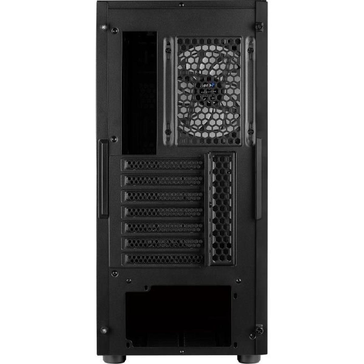 Retro di un case per computer nero con ventola, prese d'aria e pannelli di accesso.