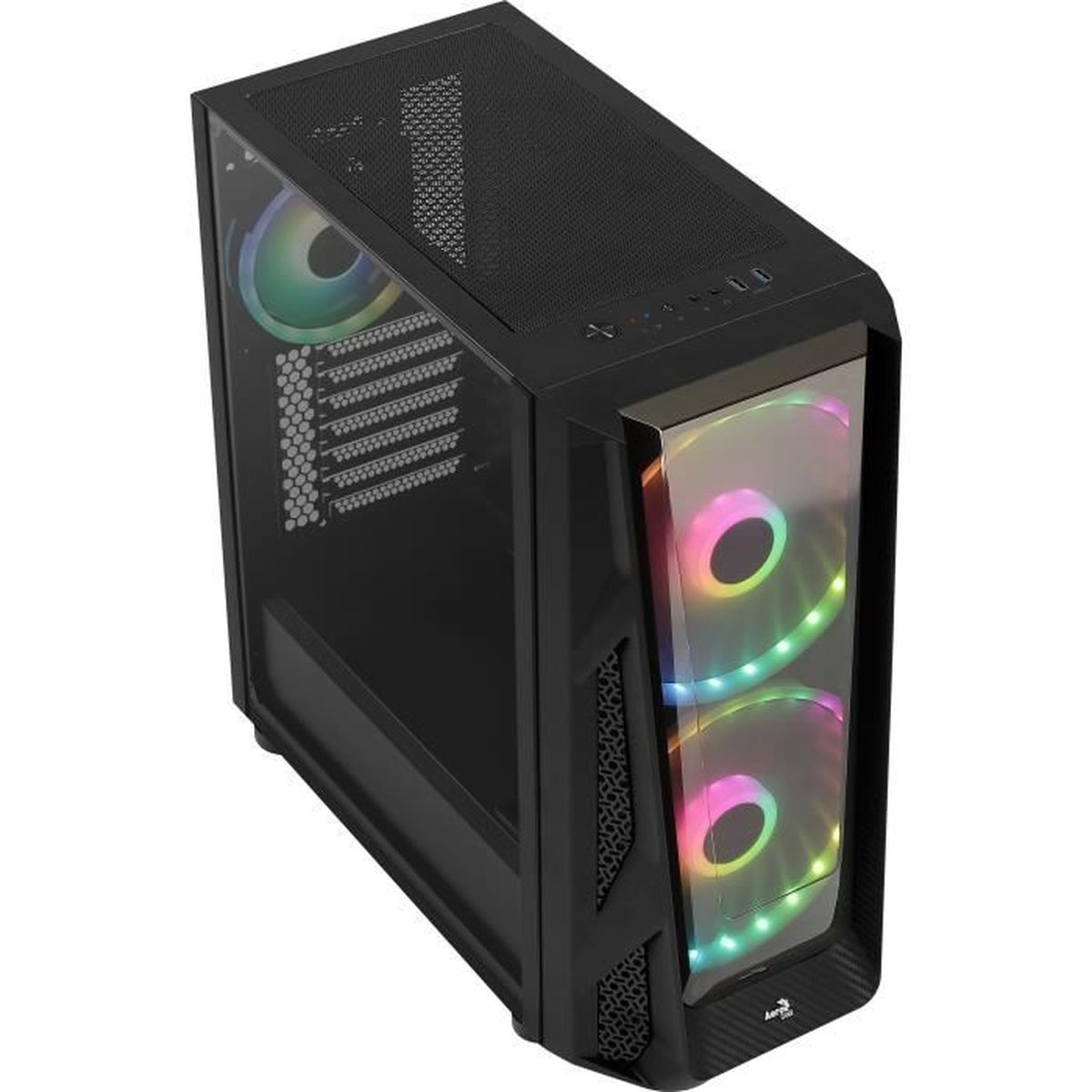 Case per computer nero con vetro frontale e laterale. Ventole RGB. Vista angolata.