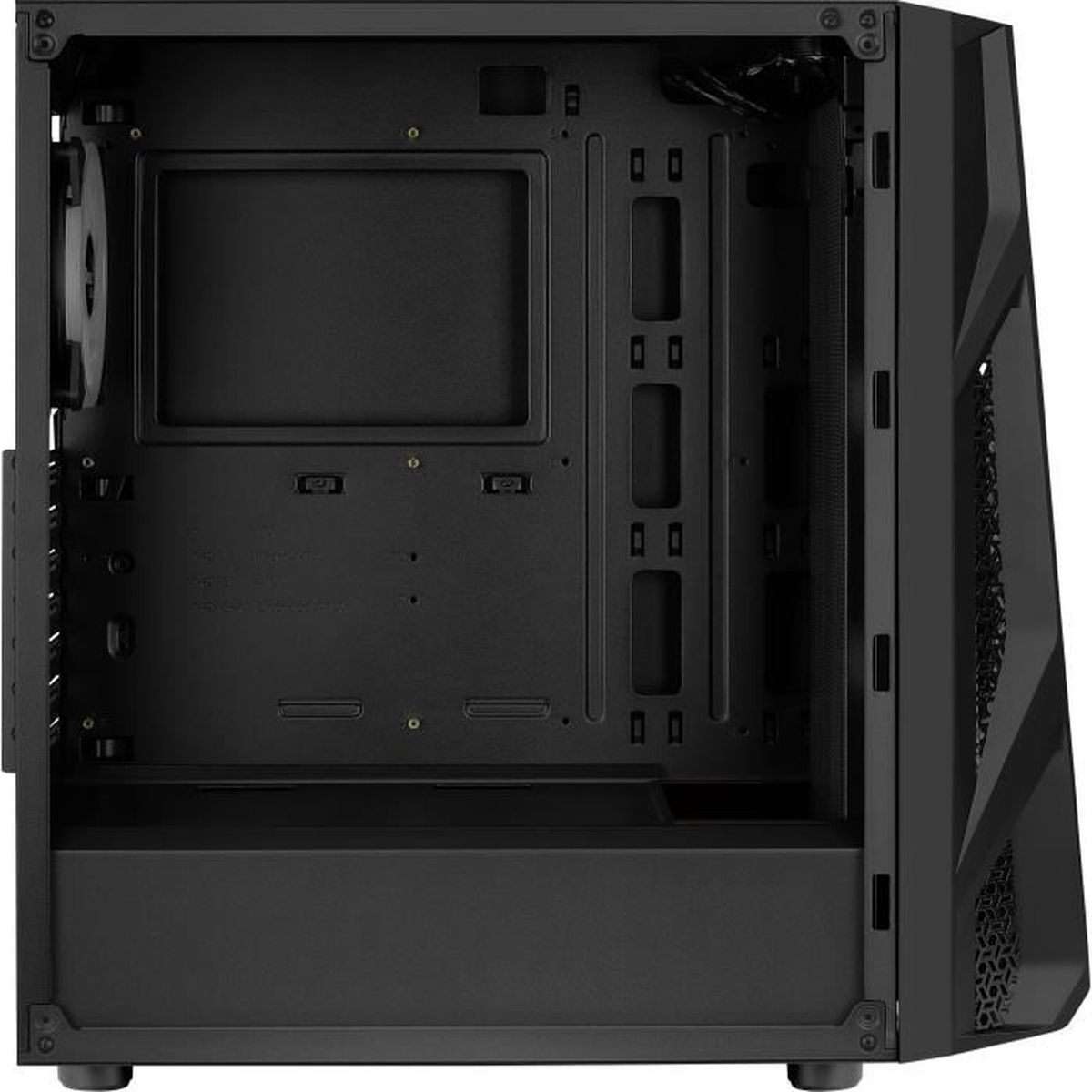 Case nero per computer con pannello laterale trasparente. I componenti interni non sono visibili.