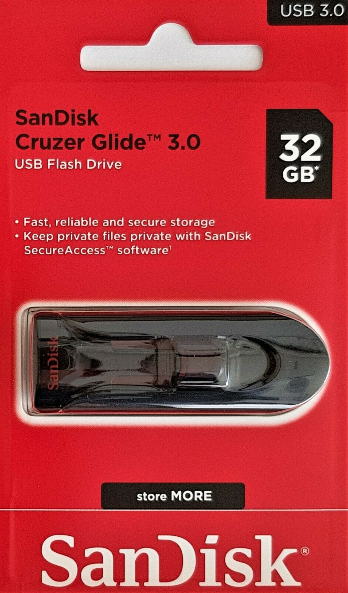 Pamięć flash USB SanDisk Cruzer Glide 3.0 na czerwonym tle. Widoczny czarny napęd.