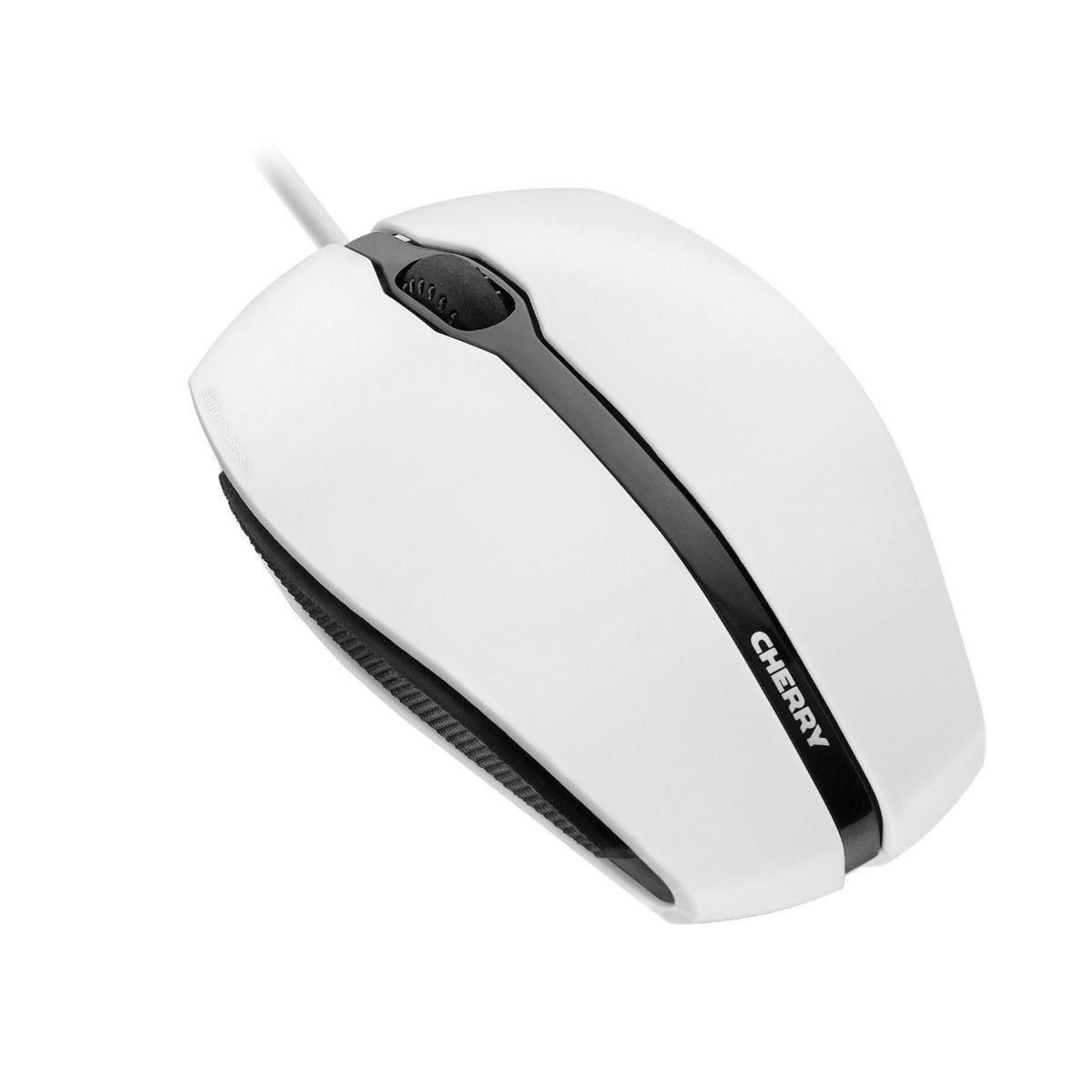 White computer mouse with a black strip. The mouse has a Cherry logo.