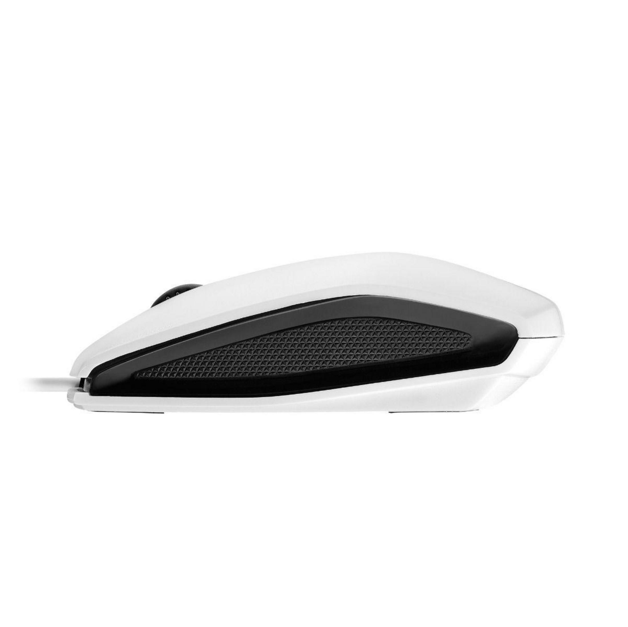 White computer mouse with black accents, side view. The mouse is on a white surface.