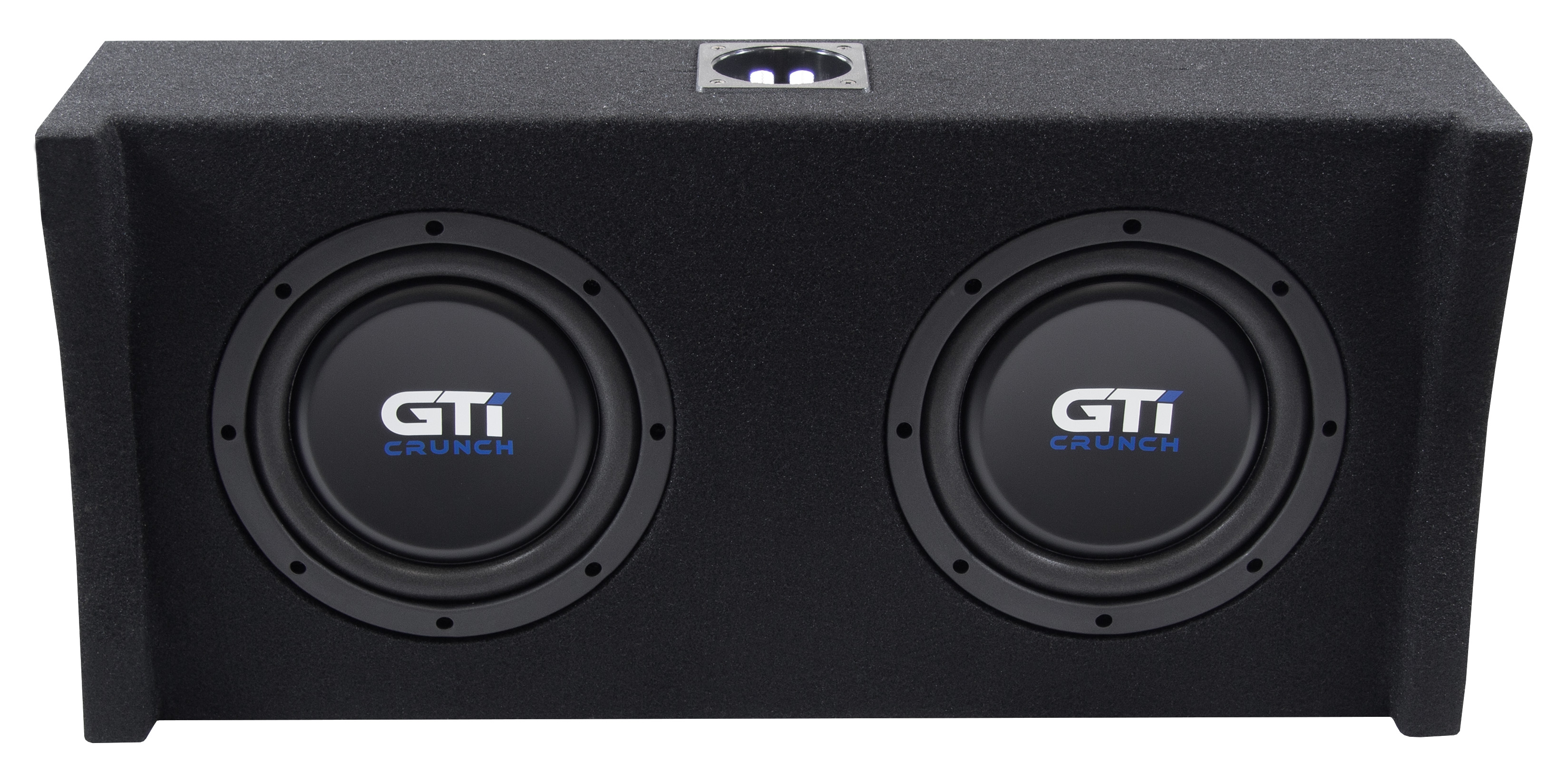 Eine schwarze Subwoofer-Box mit zwei Lautsprechern. Die Lautsprecher haben das Wort GTI darauf.