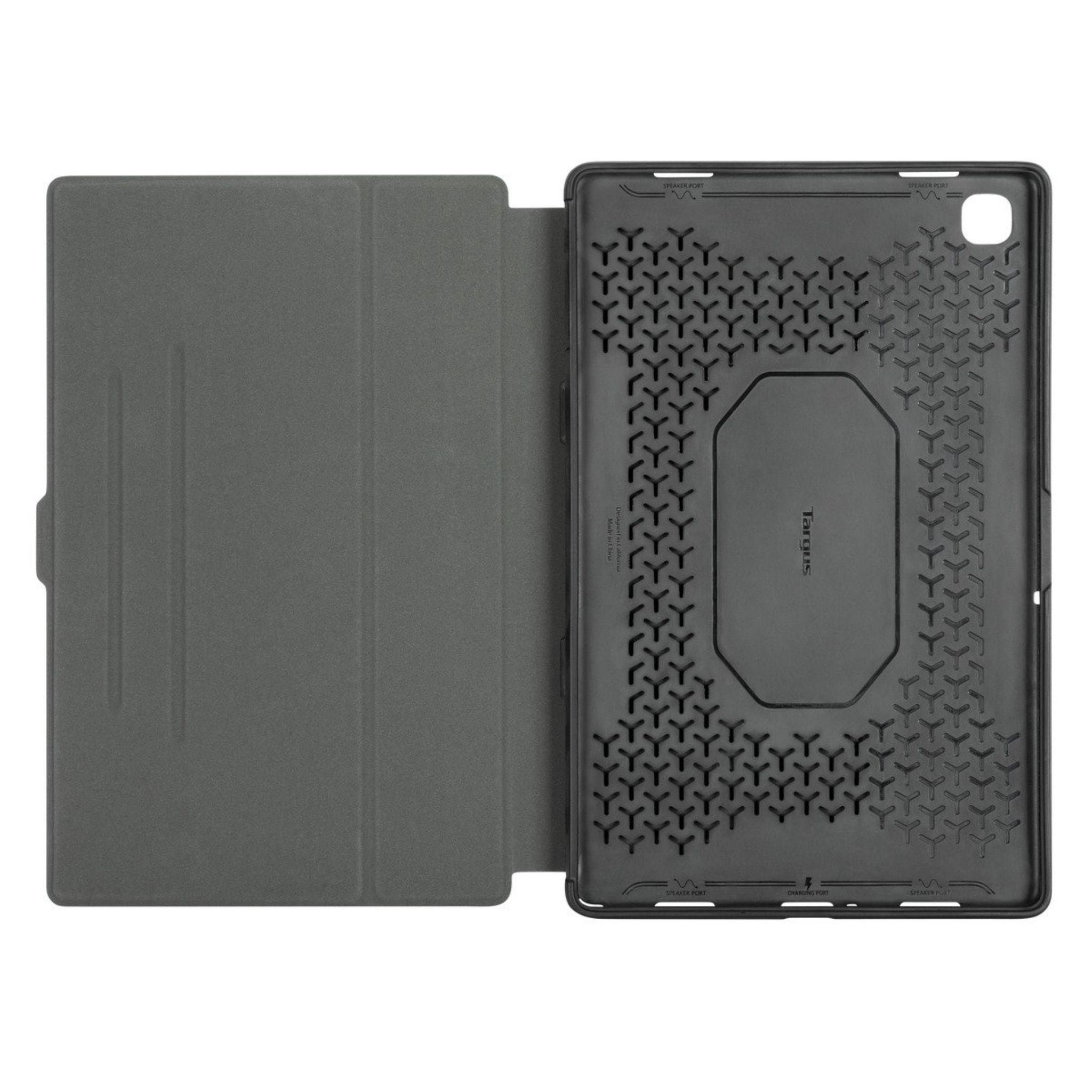 Tablet-Hülle offen, zeigt ein darin befestigtes Tablet, graue Farbe.