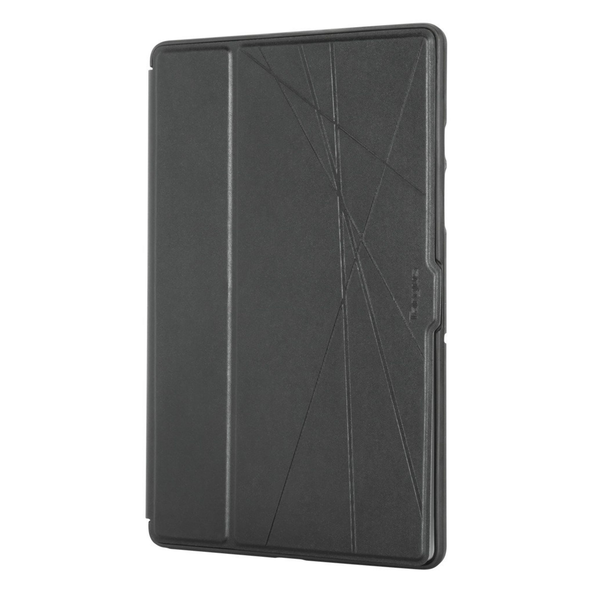 Eine geschlossene schwarze Tablethülle mit einem geometrischen Muster auf der Vorderseite.
