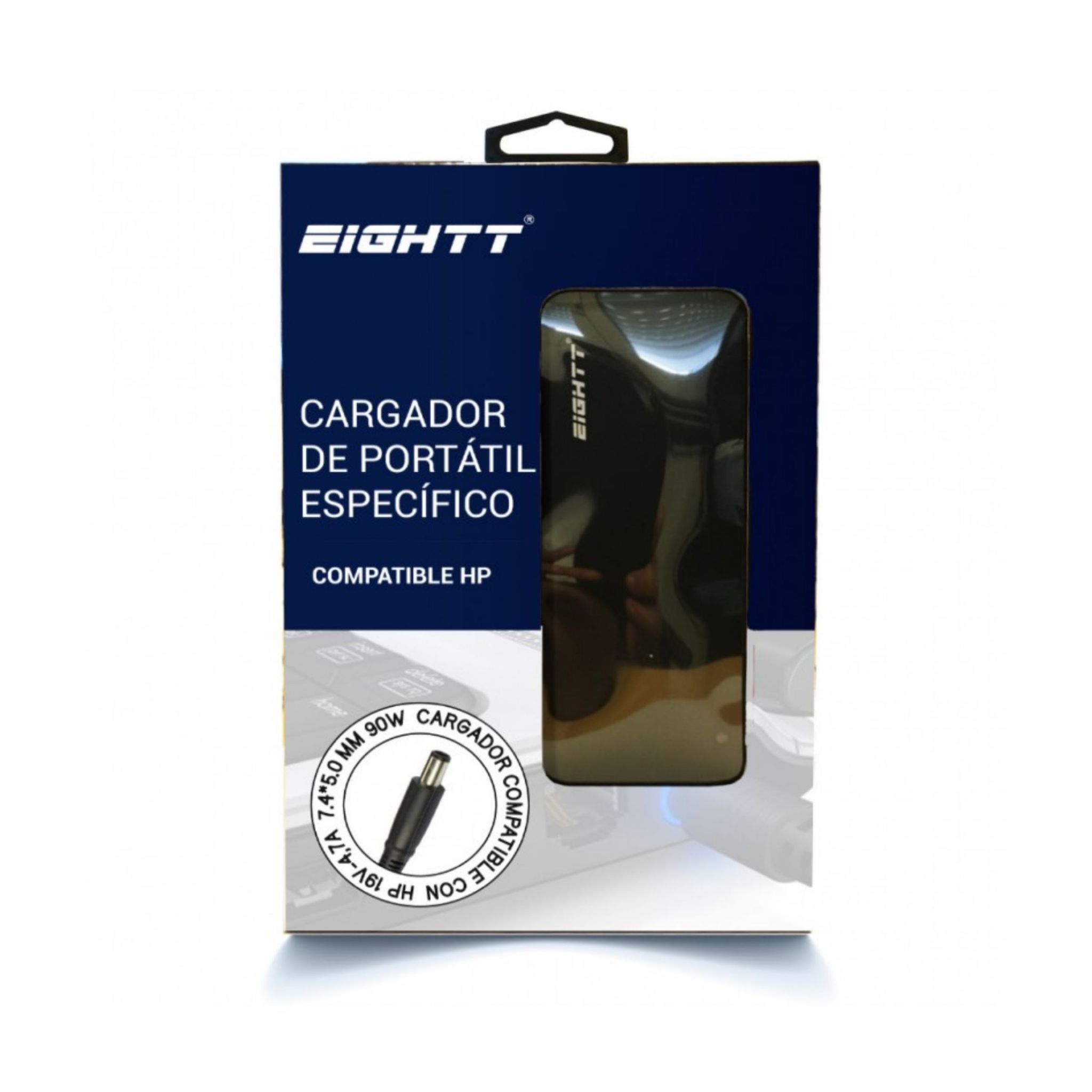 Cargador negro de la marca Eightt, para portátiles HP, empaquetado en una caja de marca.