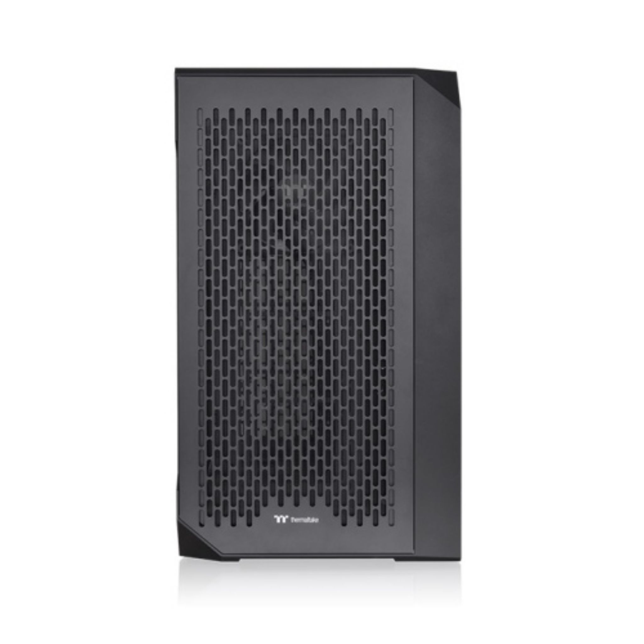 Schwarze Computergehäusefront, mit Mesh-Frontplatte und Thermaltake-Logo unten.