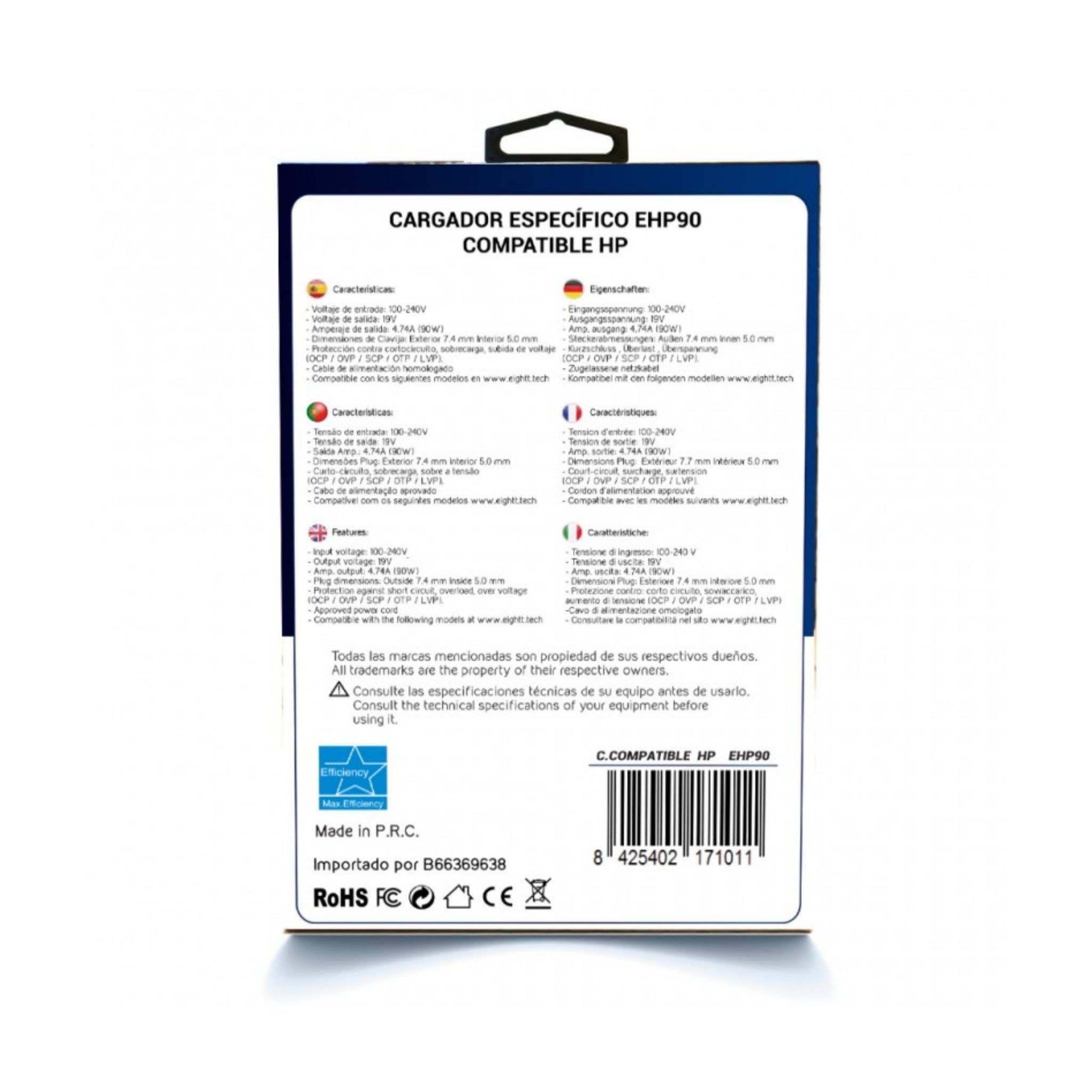 Parte trasera de una caja con especificaciones del cargador HP. Incluye un gráfico del cargador y detalles técnicos.
