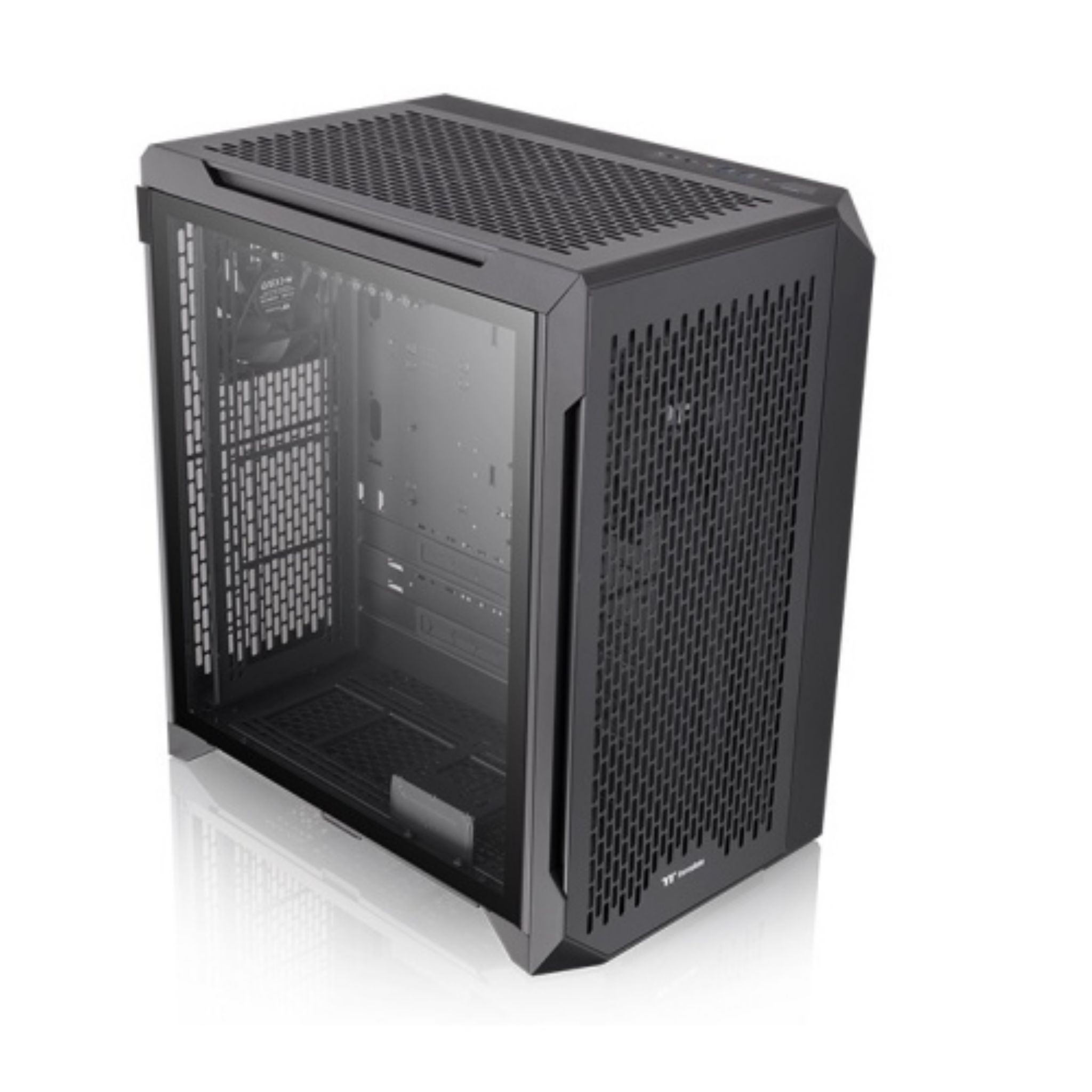 Schwarzes Computergehäuse mit Glas-Seitenwand, Mesh-Front und -Oberseite, auf weißem Hintergrund.