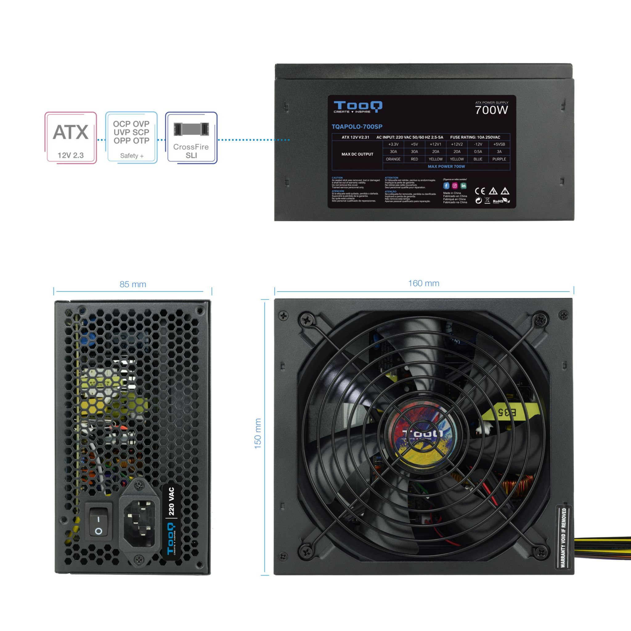 Voeding met meerdere connectoren en een ventilator. Afmetingen en specificaties.