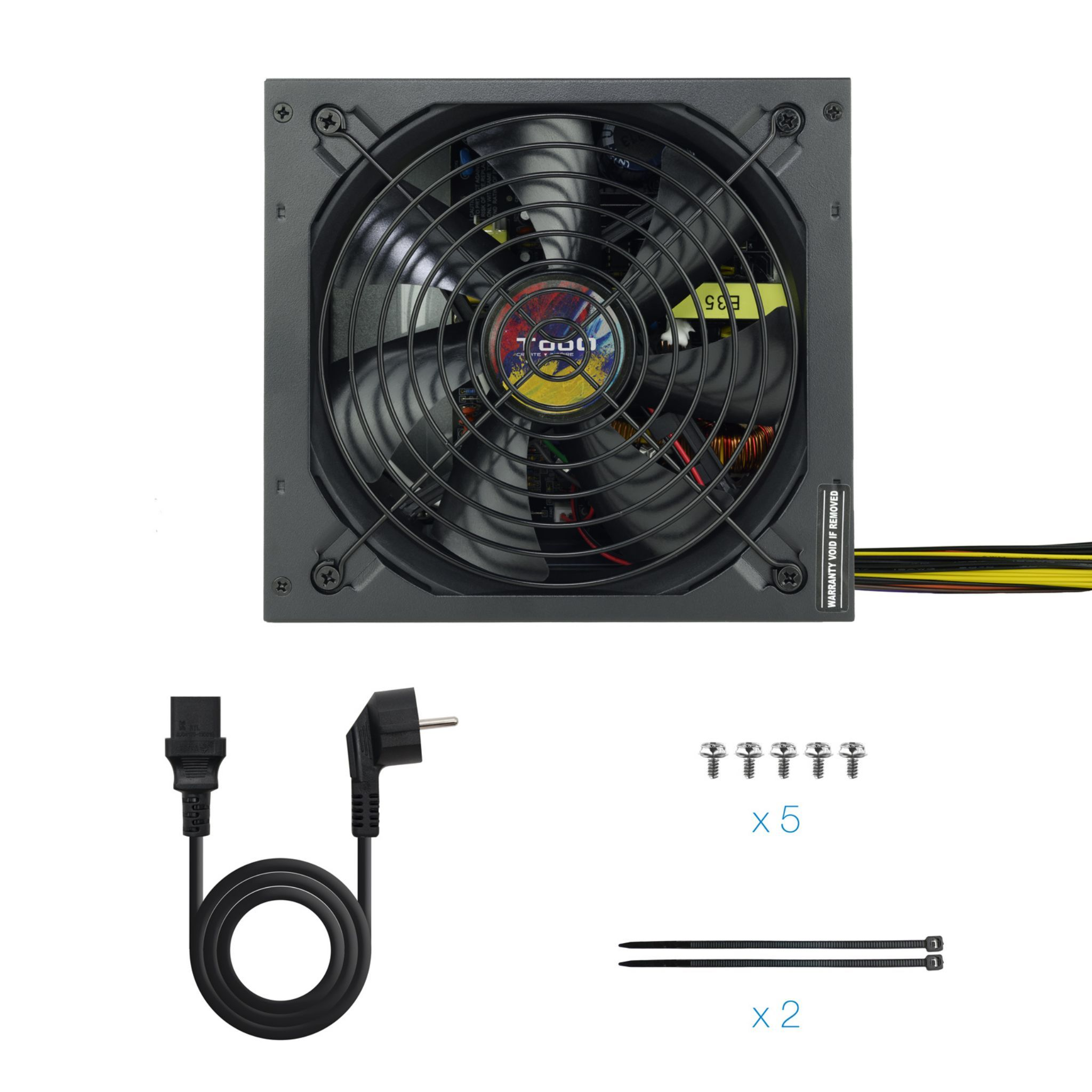 Computer voeding met een ventilator en kabels, plus schroeven en tie-wraps, van bovenaf gezien.