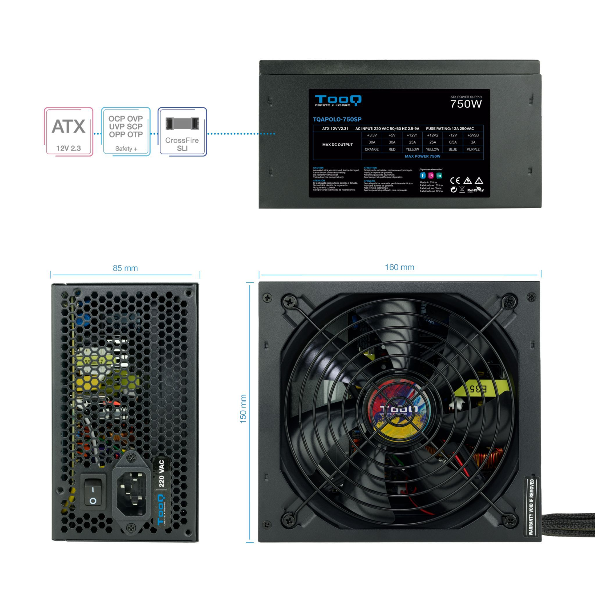 Alimentatore per PC con specifiche e diagrammi.