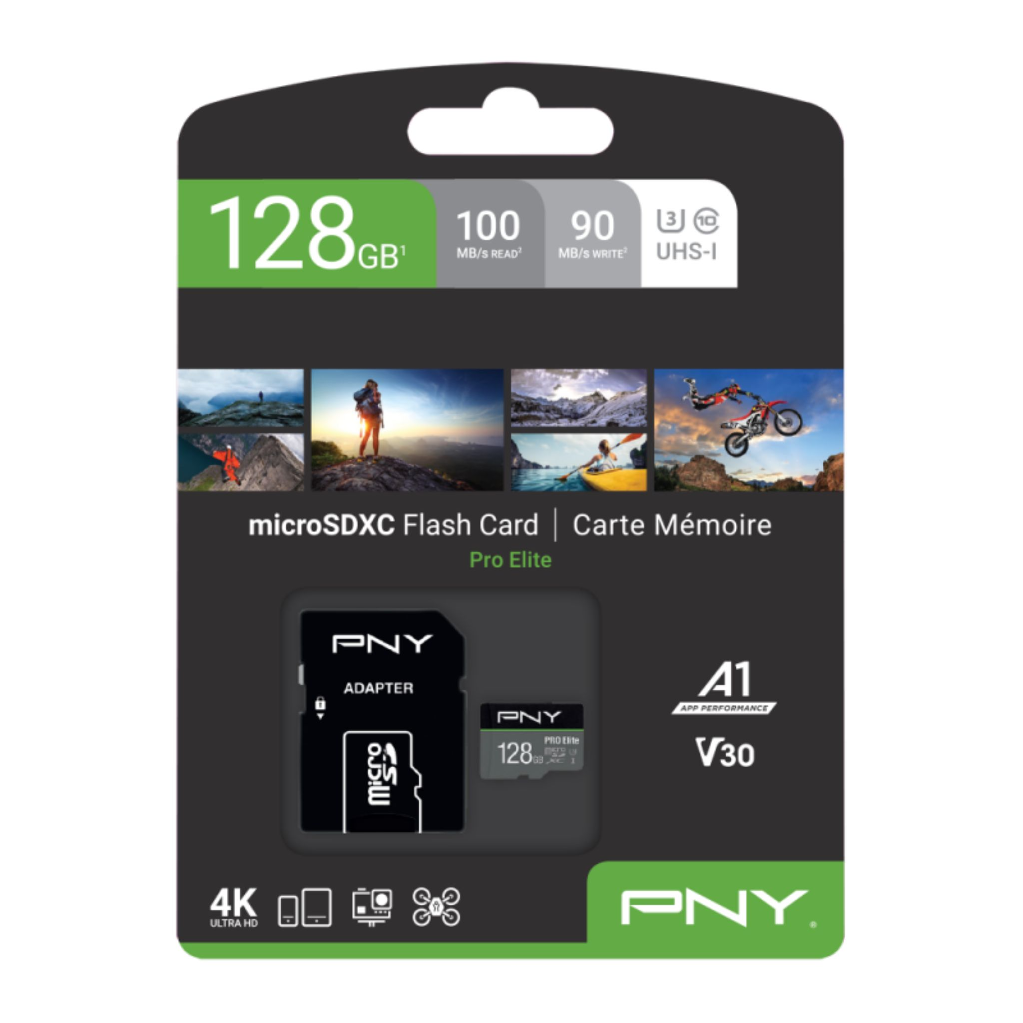 MicroSD-Kartenverpackung. Die Verpackung enthält Bilder, Text und eine microSD-Karte. Die Karte ist schwarz mit weißem Text.